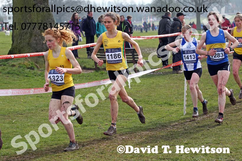 1323 Georgie Bruinvels (Surrey) 1186 Rosie Smith (North East), 1413 Katie Wilshaw (Yorkshire) and 1283 Allison Lavender (Shropshire) during the senior womens Inter Counties Cross Country, Cofton Park, Birmingham. Photo: David T. Hewitson/Sports for All Pics